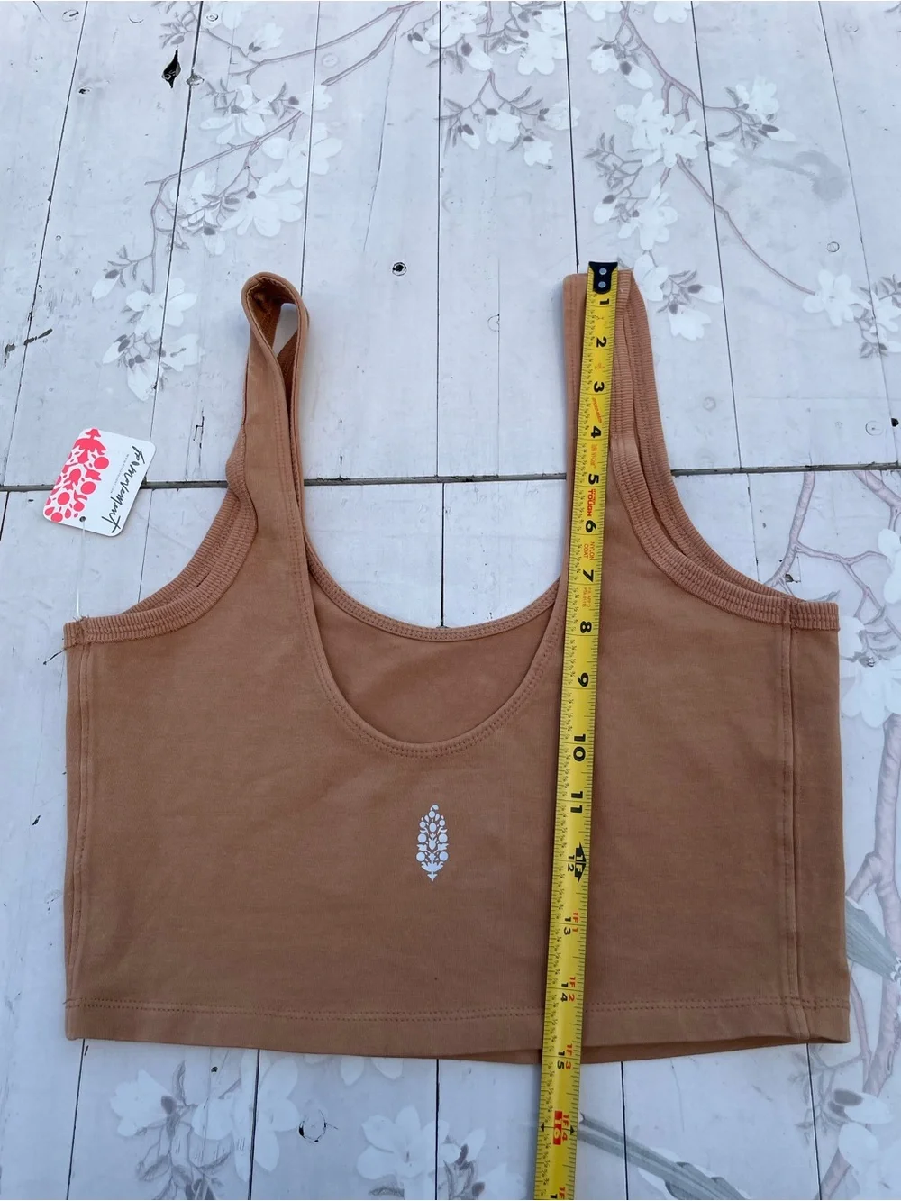 Free People Brown Ribbed Crop Tank with White Floral Detail